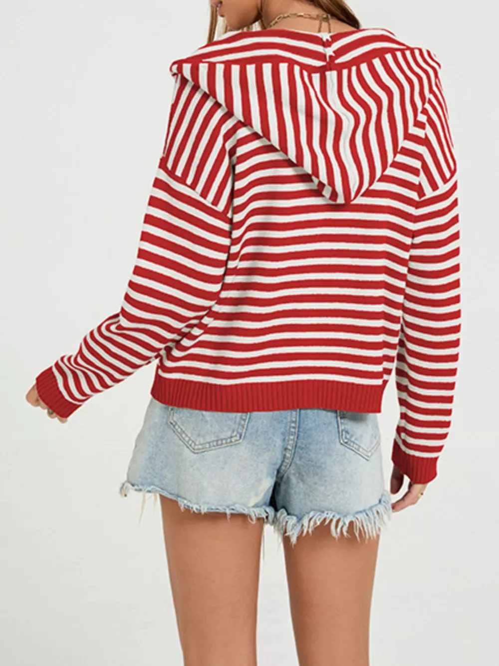 Striped Hooded Zip-Up Knit Cardigan, image 3