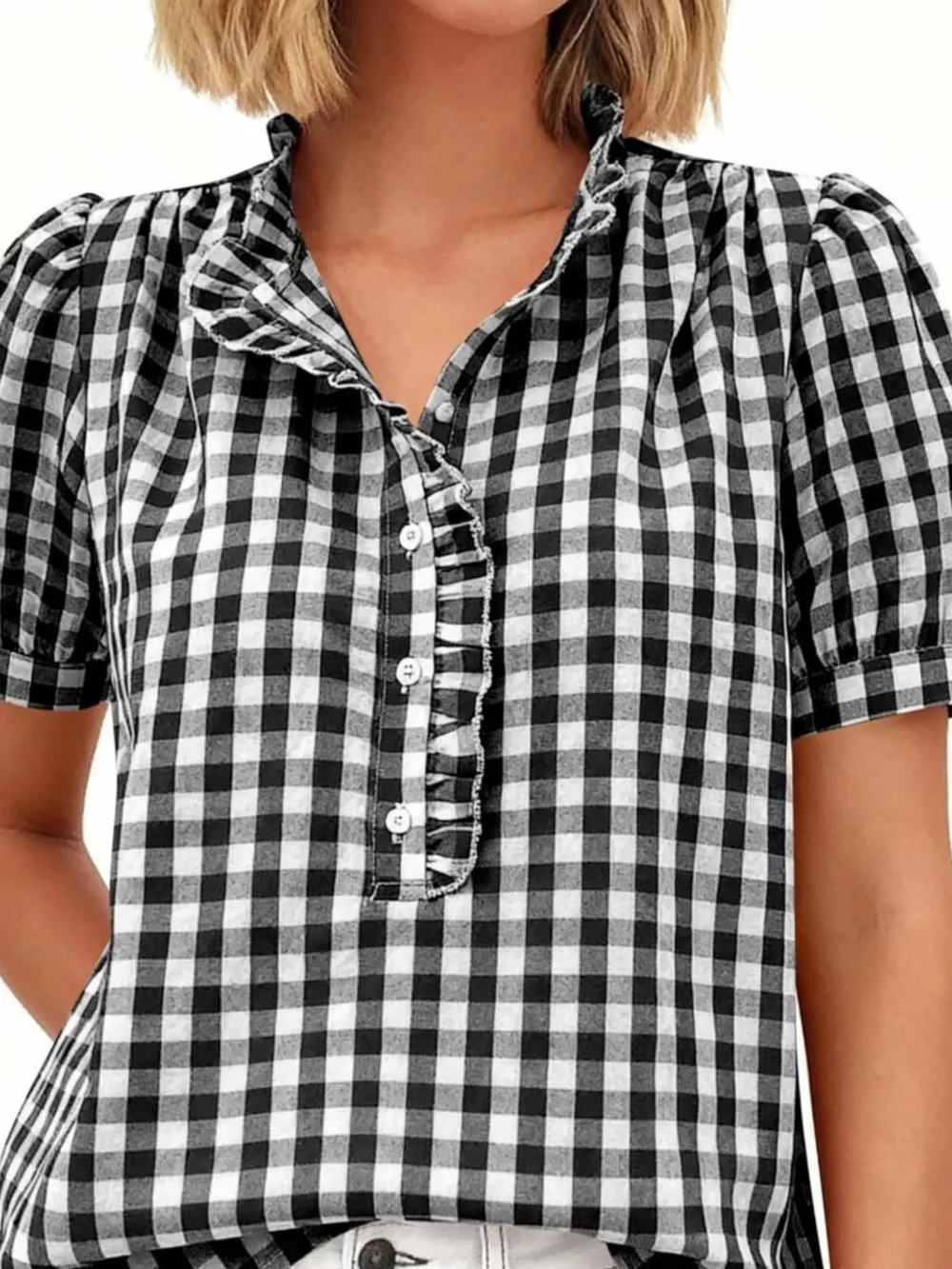 Gingham Button Front Puff Sleeve Blouse, image 3