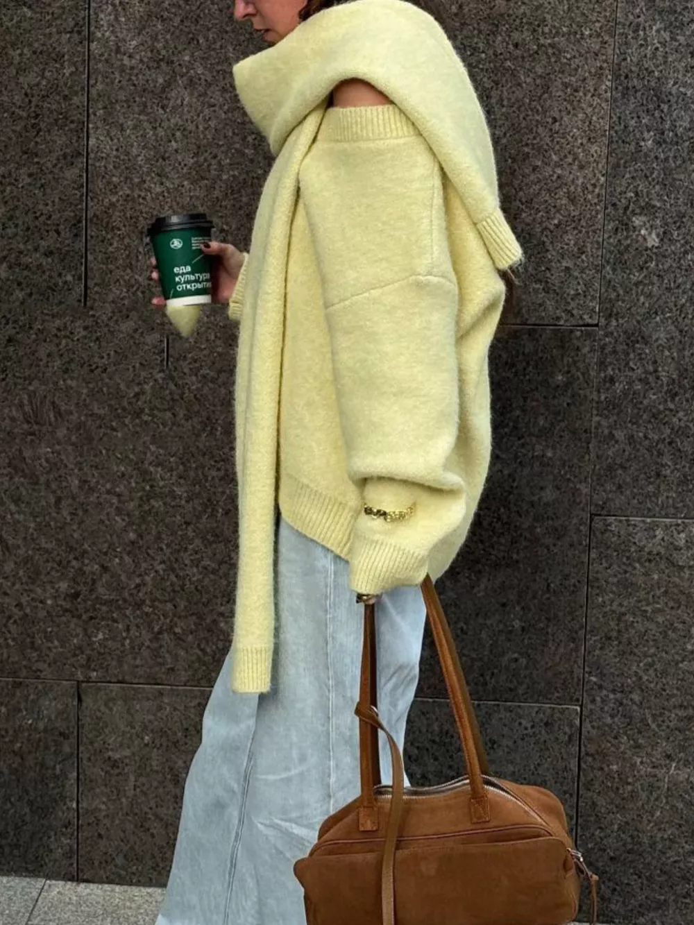 Oversized V-Neck Dropped Shoulder Sweater with Scarf, image 16
