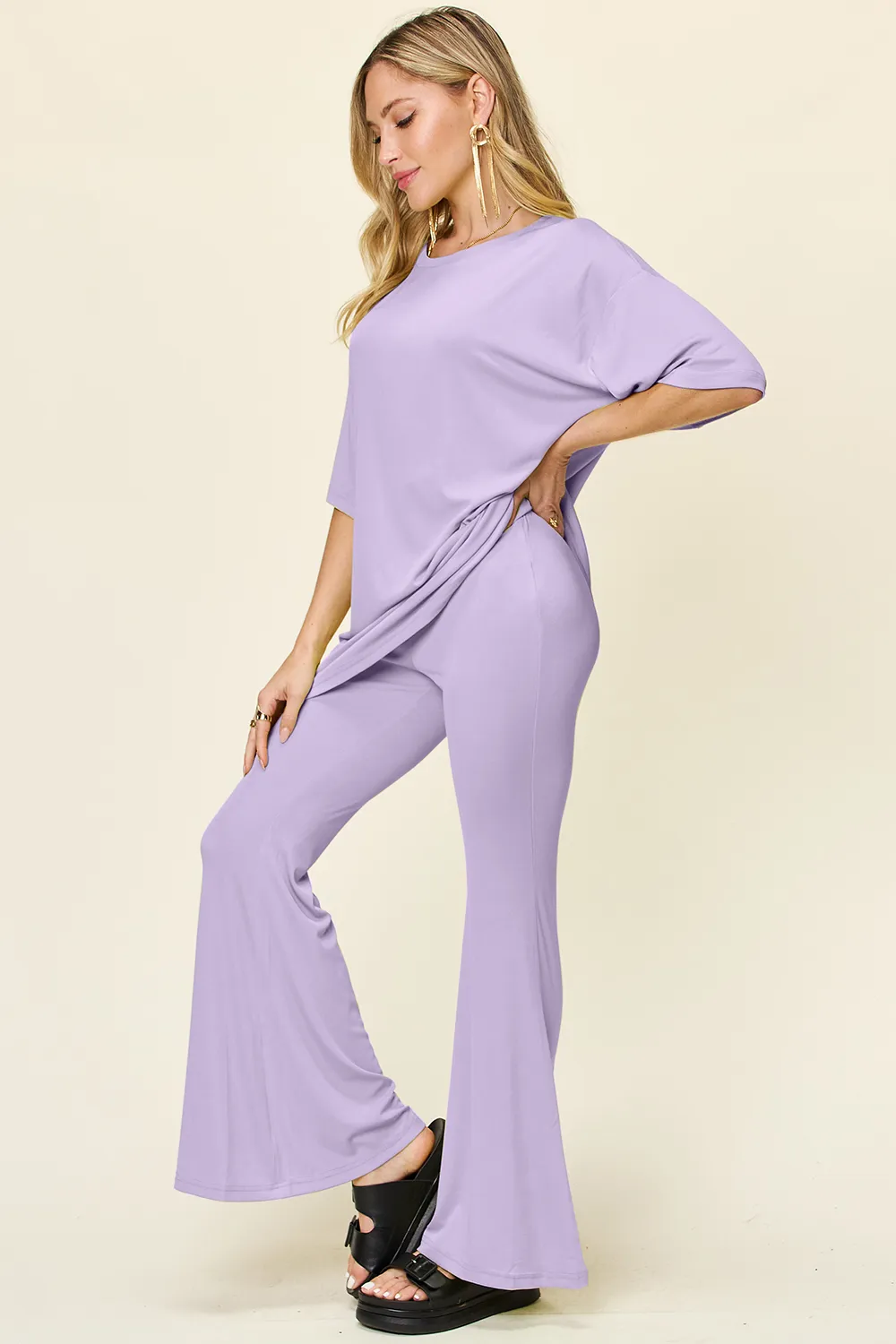 Full Size Round Neck Drop Shoulder T-Shirt and Flare Pants Set, image 13