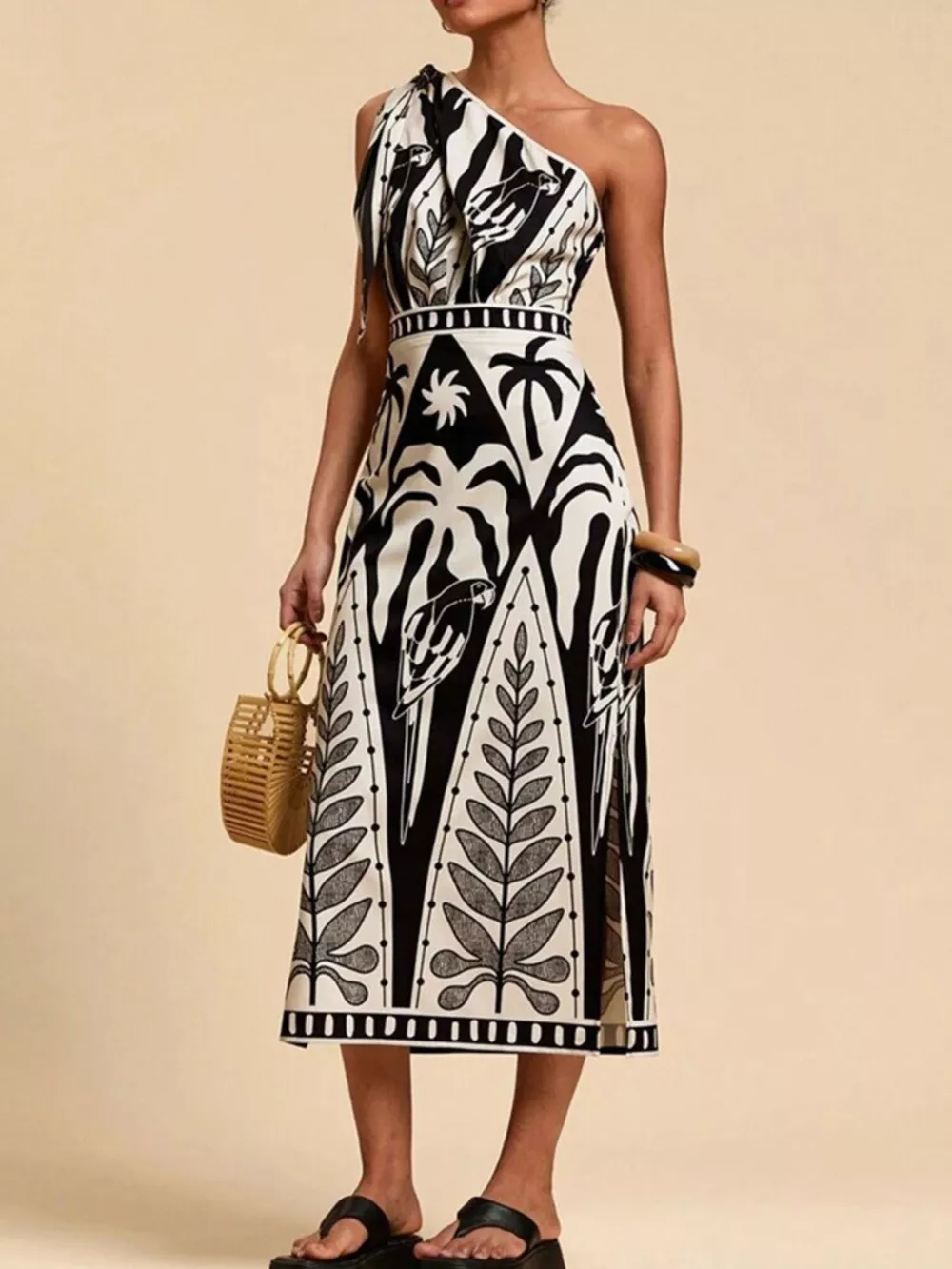 One-Shoulder Tropical Print Midi Dress, image 6