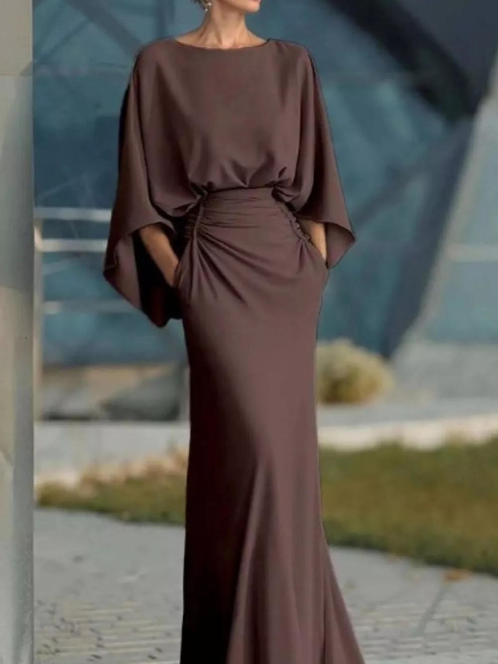 Batwing Sleeve Ruched Maxi Dress, image 14