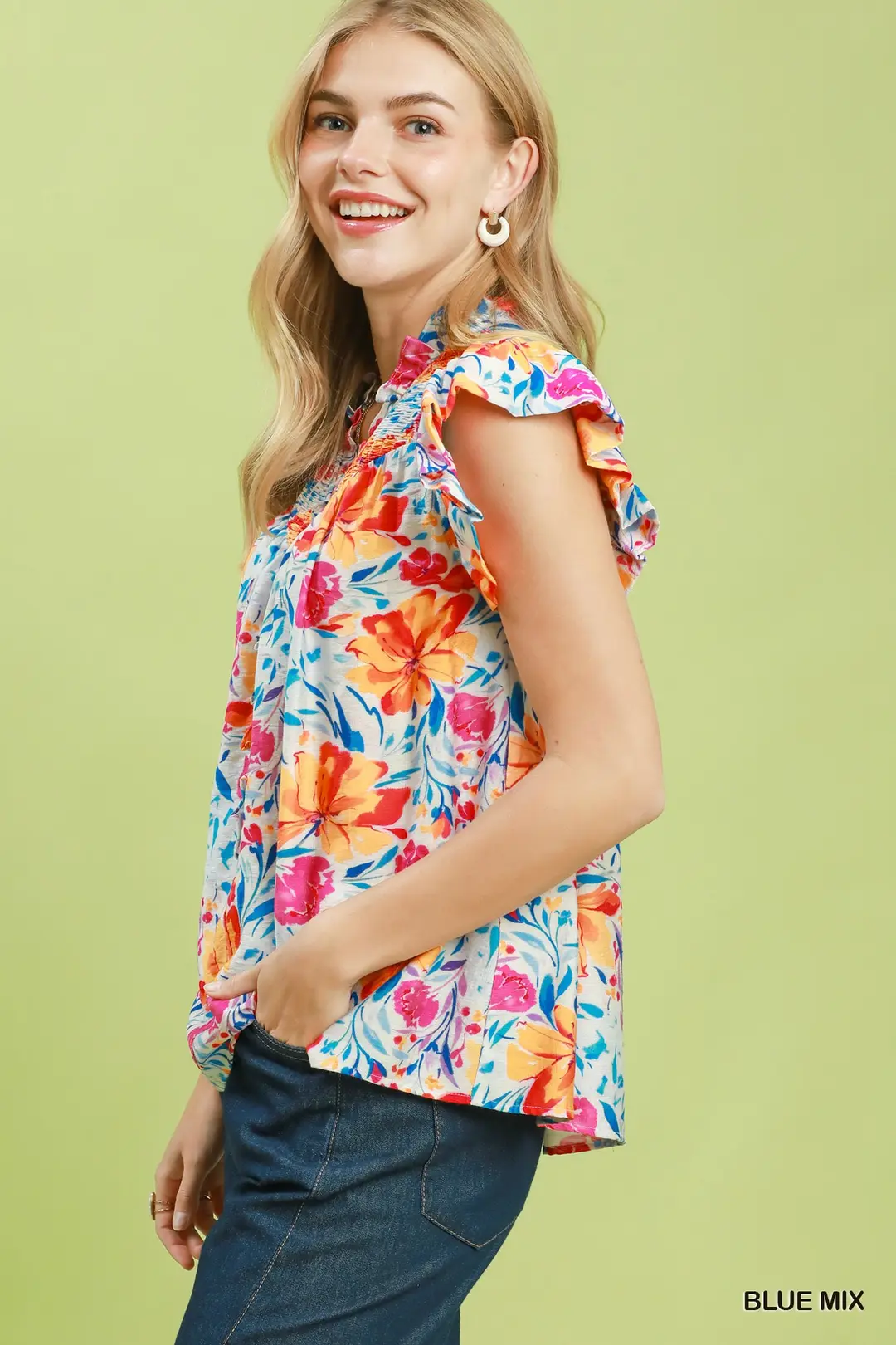Smocked Yoke Ruffle Sleeve Floral Blouse, image 2