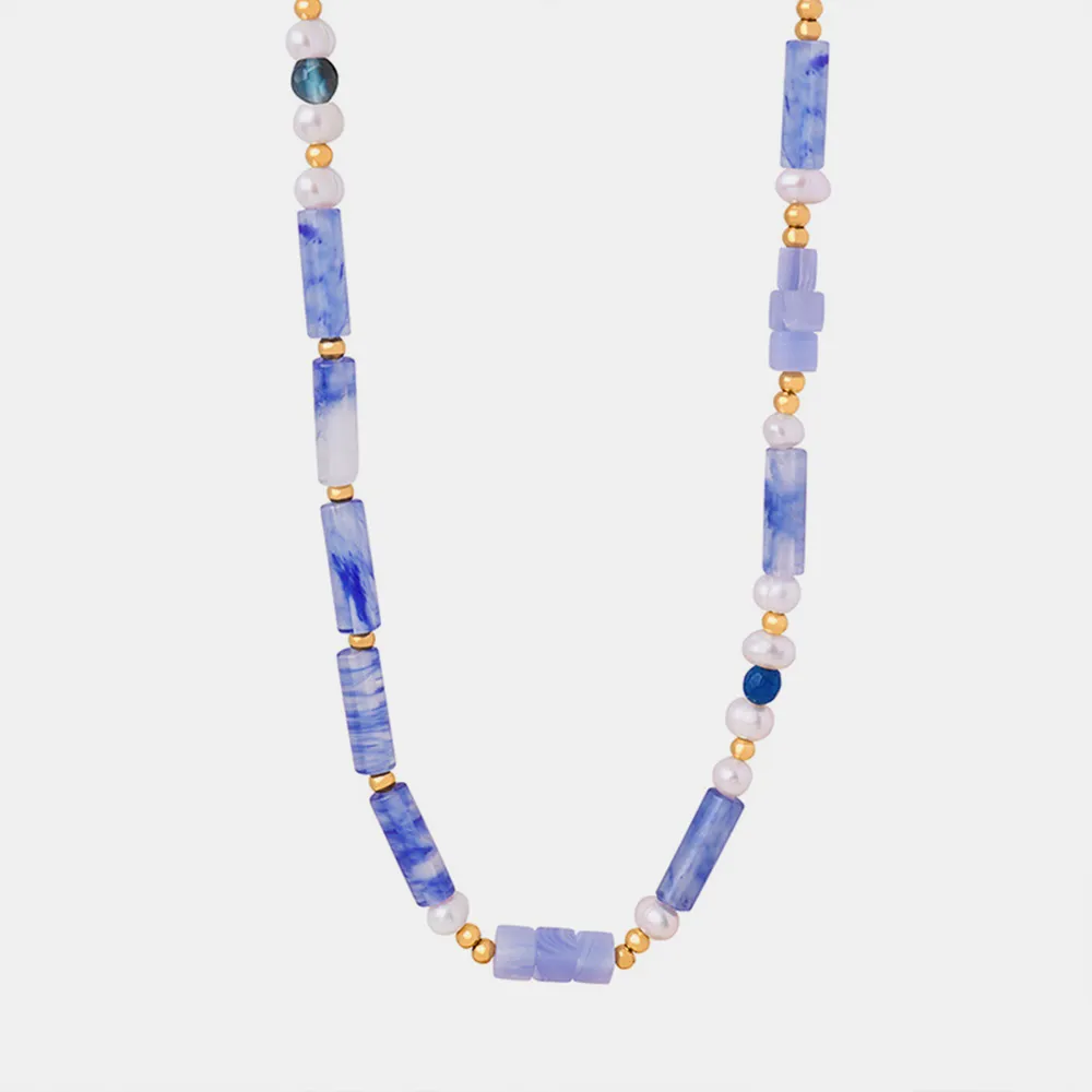 Freshwater Pearl Titanium Steel Geometric Bead Necklace, image 2