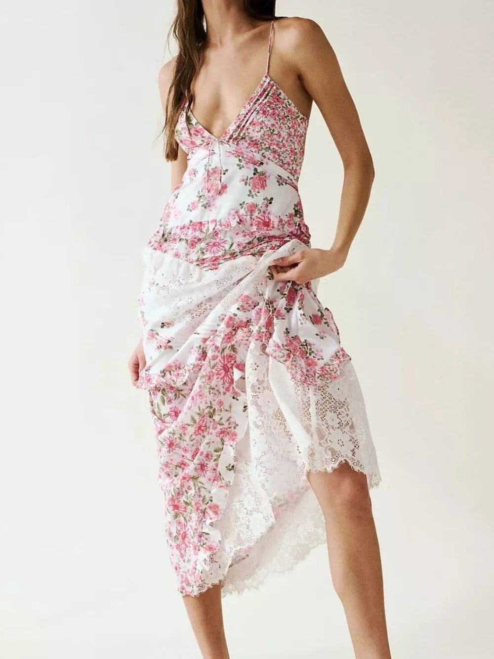 Lace Detail Ruffled Floral V-Neck Maxi Dress, image 12