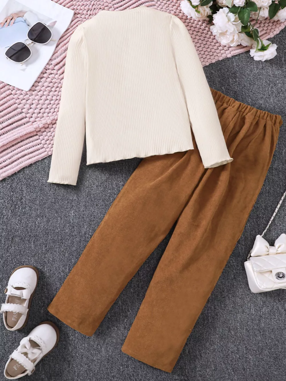 Children's Ruffle Trim Ribbed Top & Corduroy Pants Set, image 2