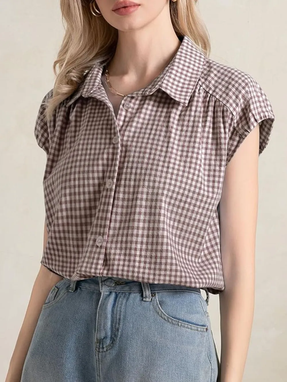 Plaid Button Up Cap Sleeve Shirt, image 8
