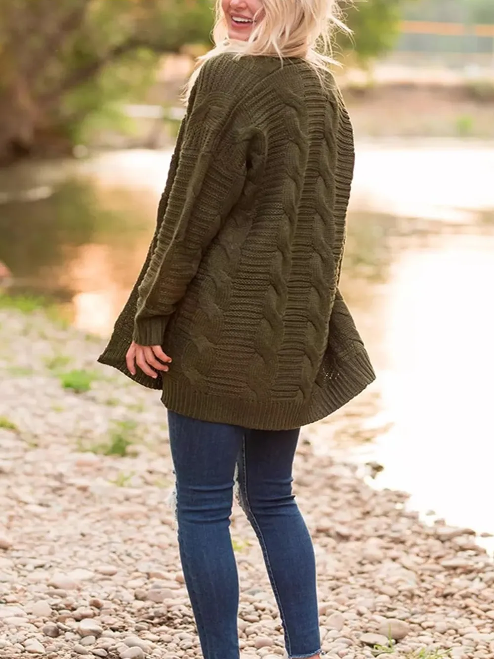 Cable-Knit Open Front Long Sleeve Cardigan, image 2