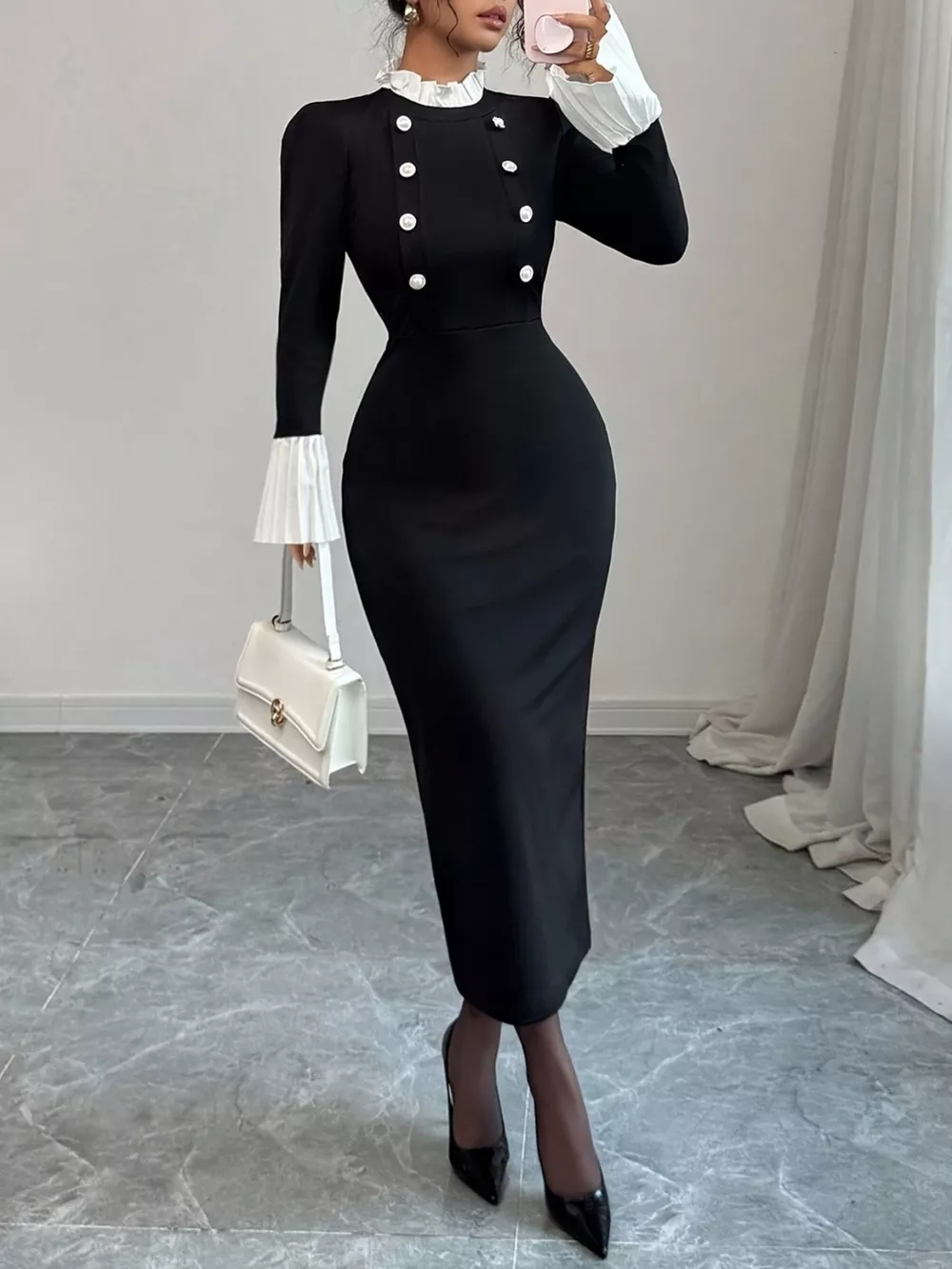 Two Tone Long Sleeve Midi Dress, image 4