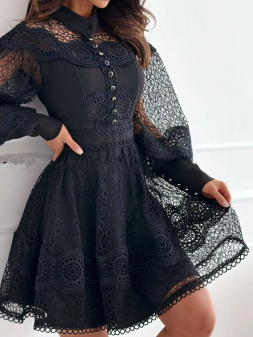 Lace Lantern Sleeve Mini Dress, image 14