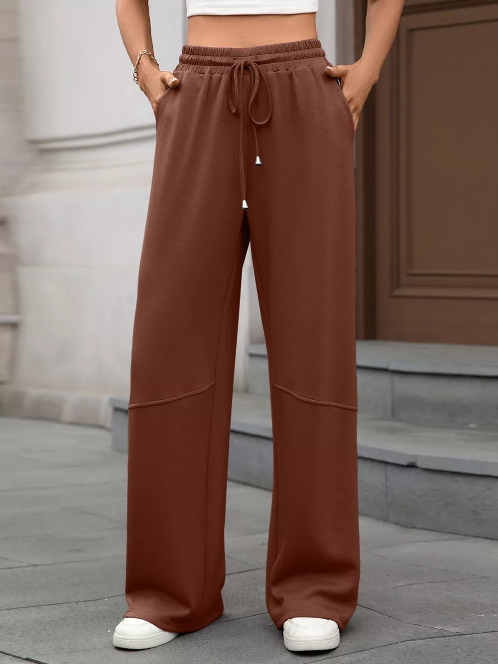 Drawstring High Waist Wide Leg Casual Pants, image 2
