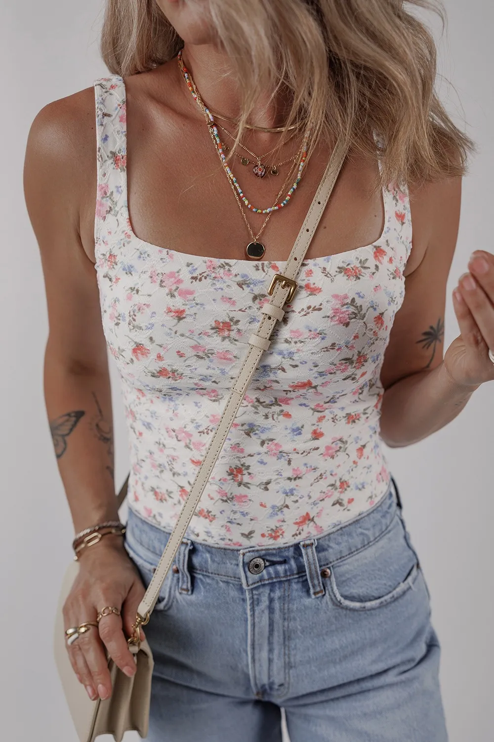 Floral Textured Square Neck Sleeveless Bodysuit, image 8