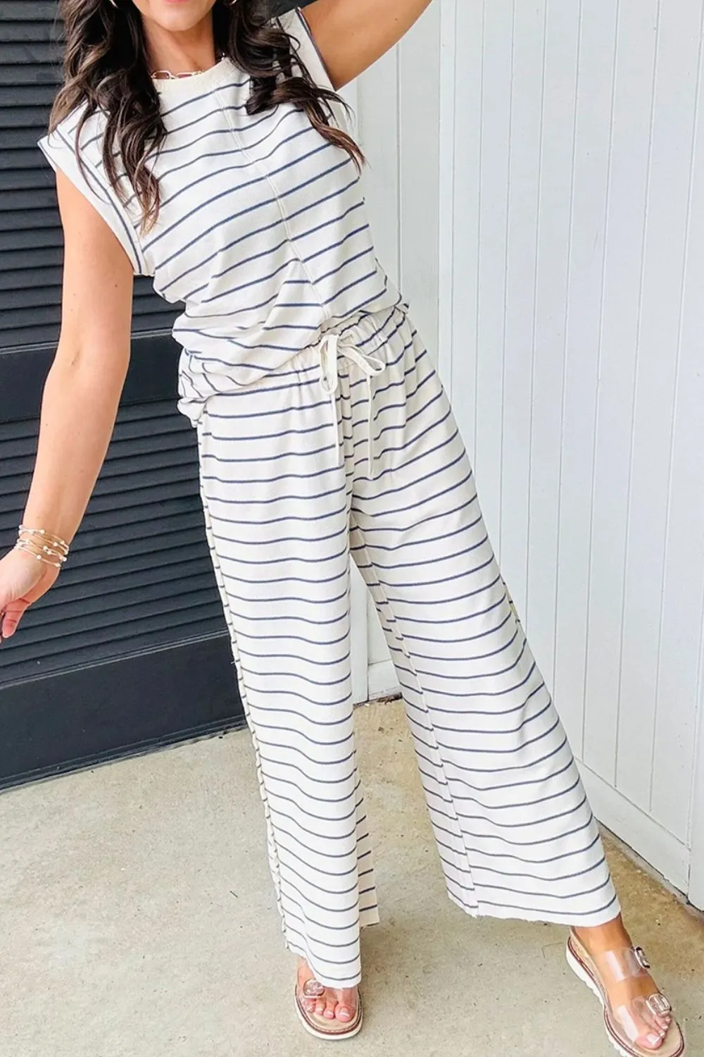 Striped Round Neck Top and Pants Set, image 3