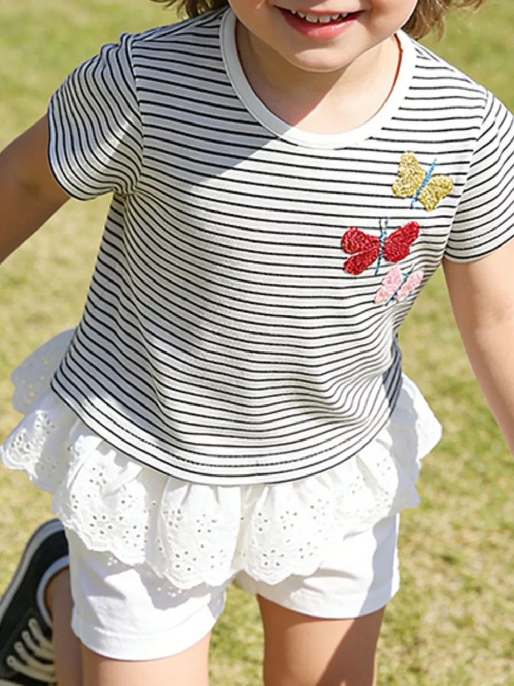 Children's Striped Butterfly Embroidered Ruffle Hem T-Shirt, image 3