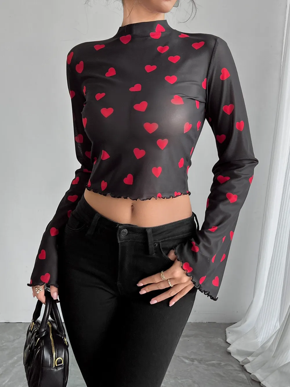 Printed Mock Neck Long Sleeve Cropped T-Shirt, image 6