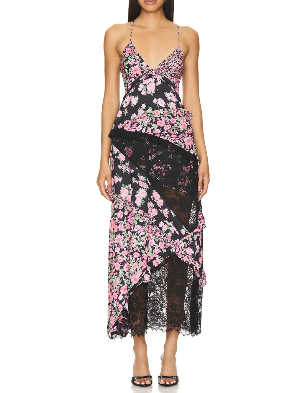 Lace Floral Print Ruffle Trim Maxi Dress