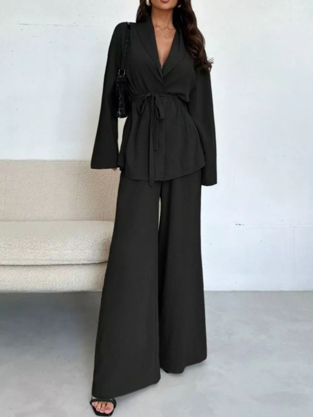 Front Tied Shirt and Wide-Leg Pants Set, image 7