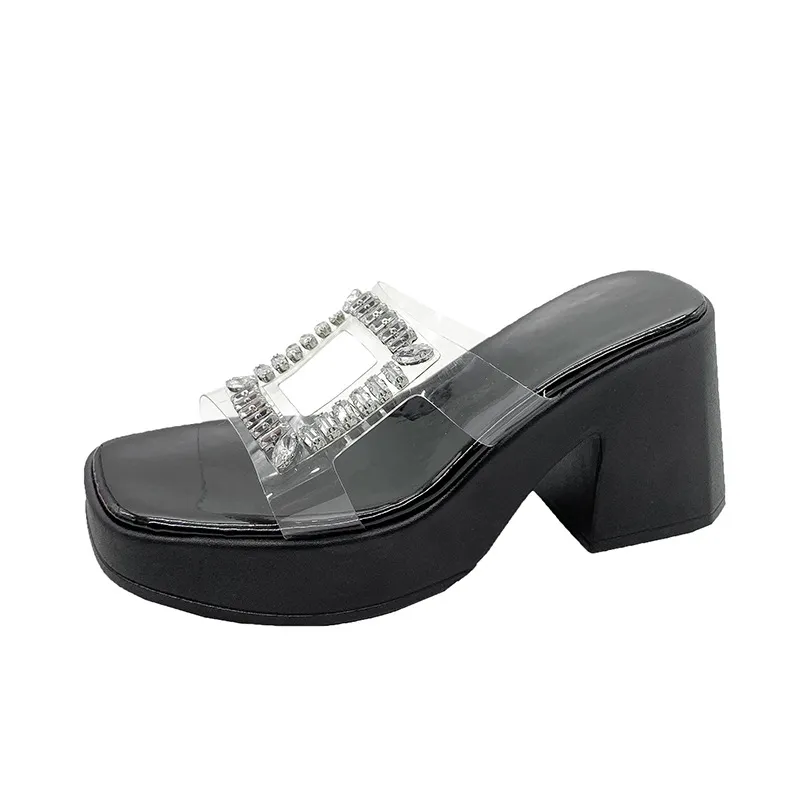 Rhinestone Open Toe Block Heels Sandals