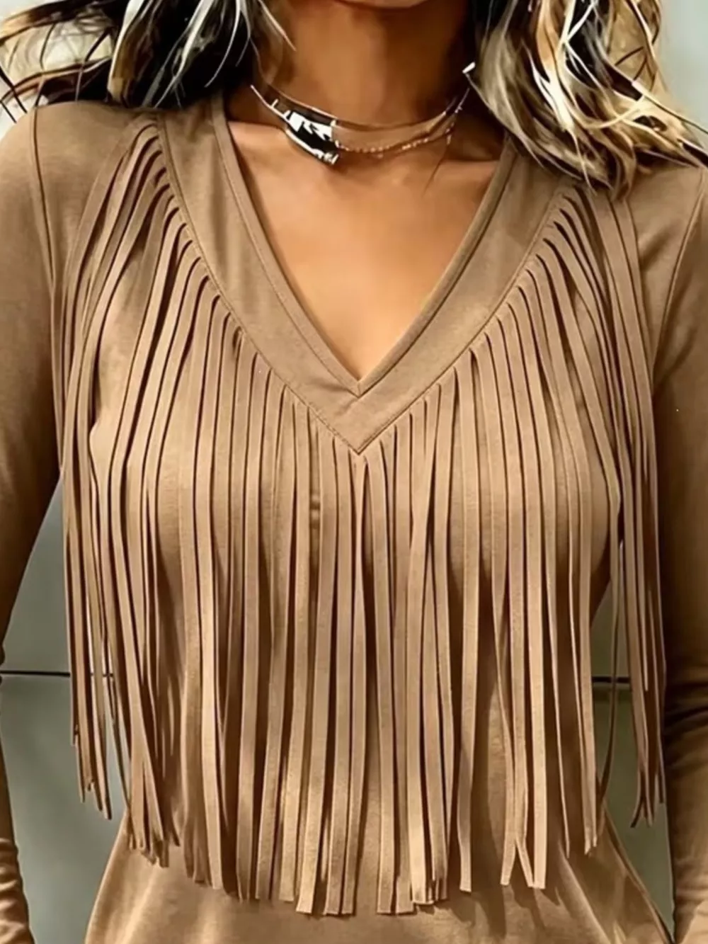 Fringe V-Neck Long Sleeve T-Shirt, image 3