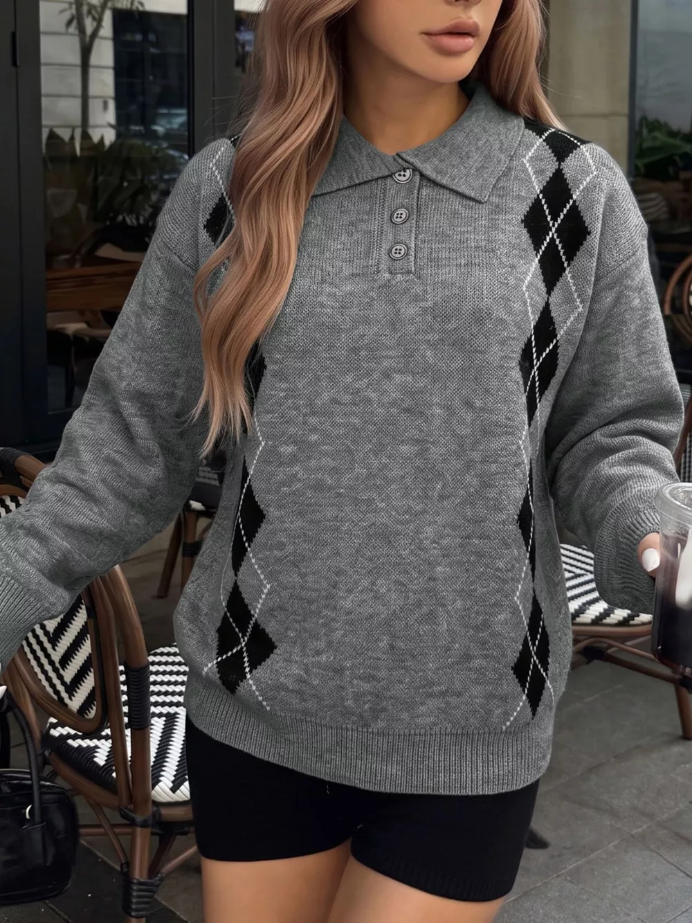 Argyle Patterned Polo Collar Sweater, image 4