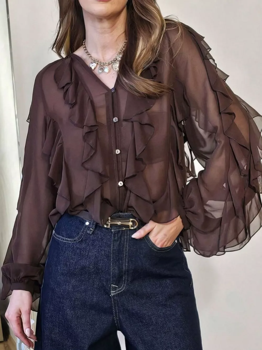 Ruffled Sheer Long Sleeve Blouse, image 20