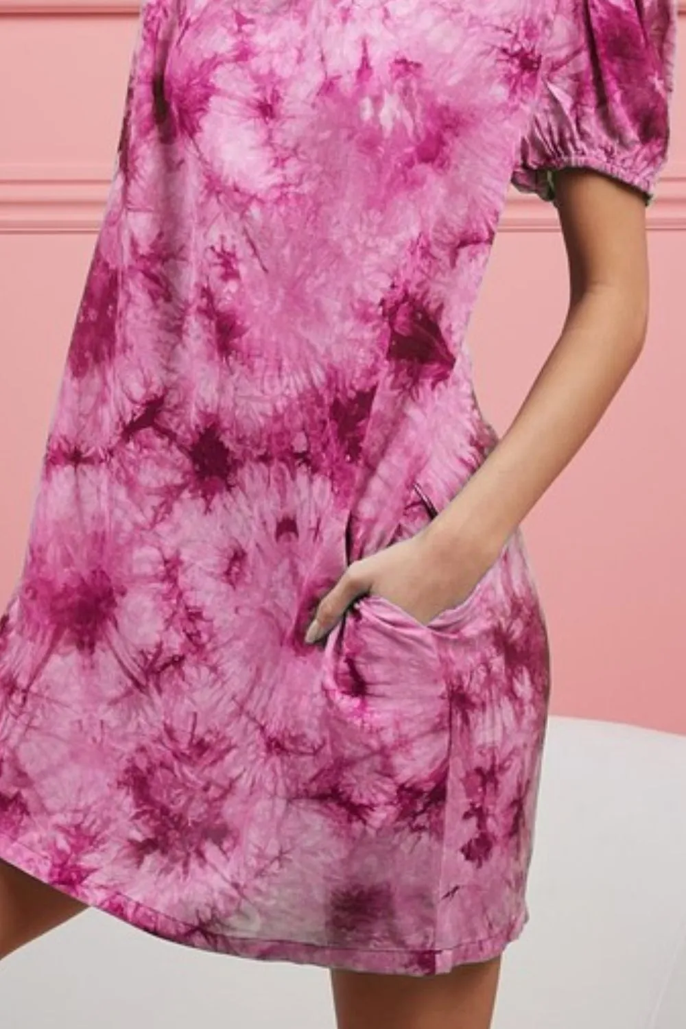 Puff Sleeve With Side Pockets Tie Dye Dress, image 3