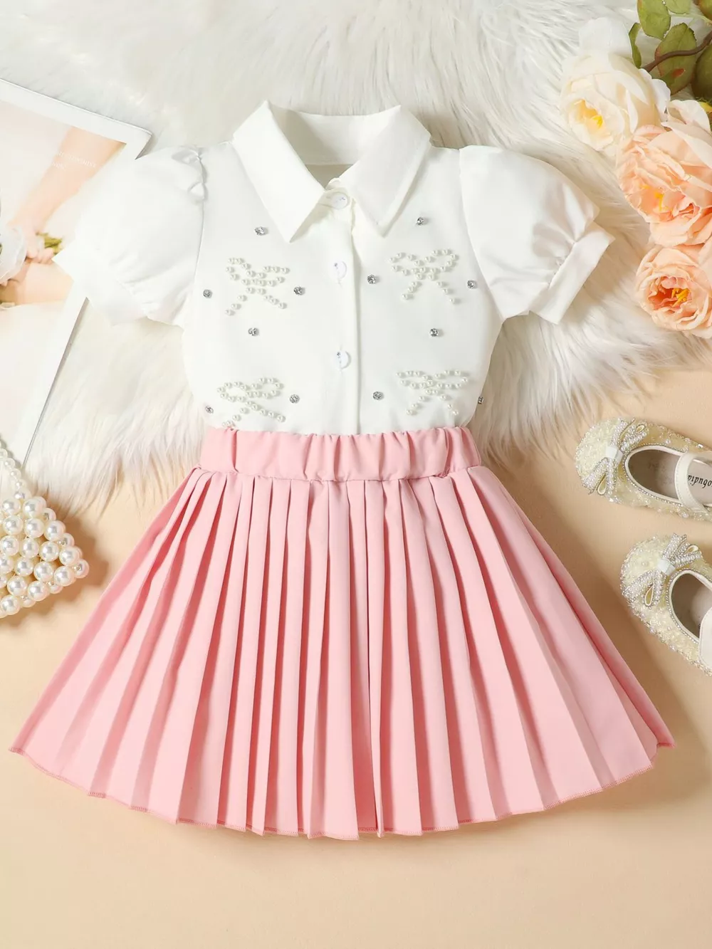 Children's Bow-Embellished Top & Pleated Skirt Set, image 2
