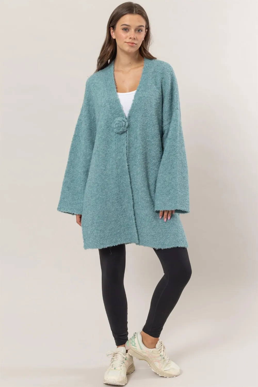 Front Rosette Longline Slit Sweater Cardigan, image 4