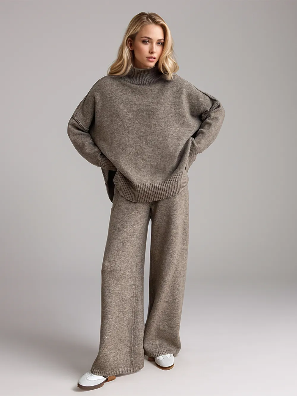 Slit Turtleneck Long Sleeve Top and Pants Sweater Set, image 2