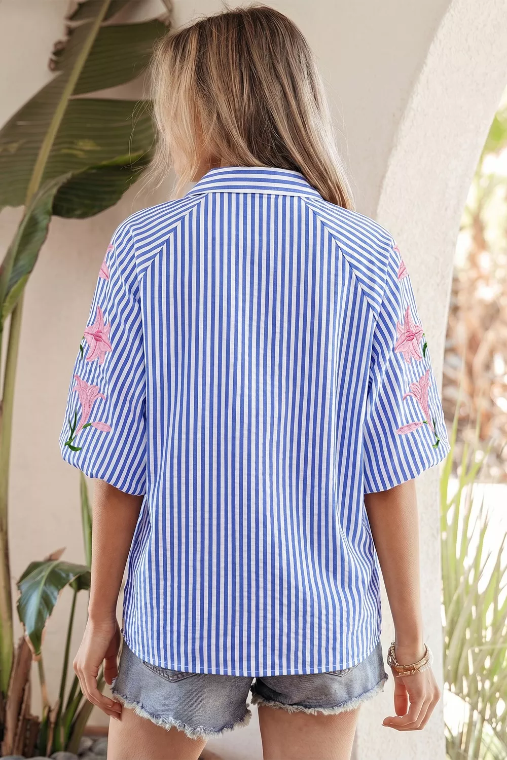 Striped Floral Embroidered Puff Sleeve Button Down Shirt, image 2