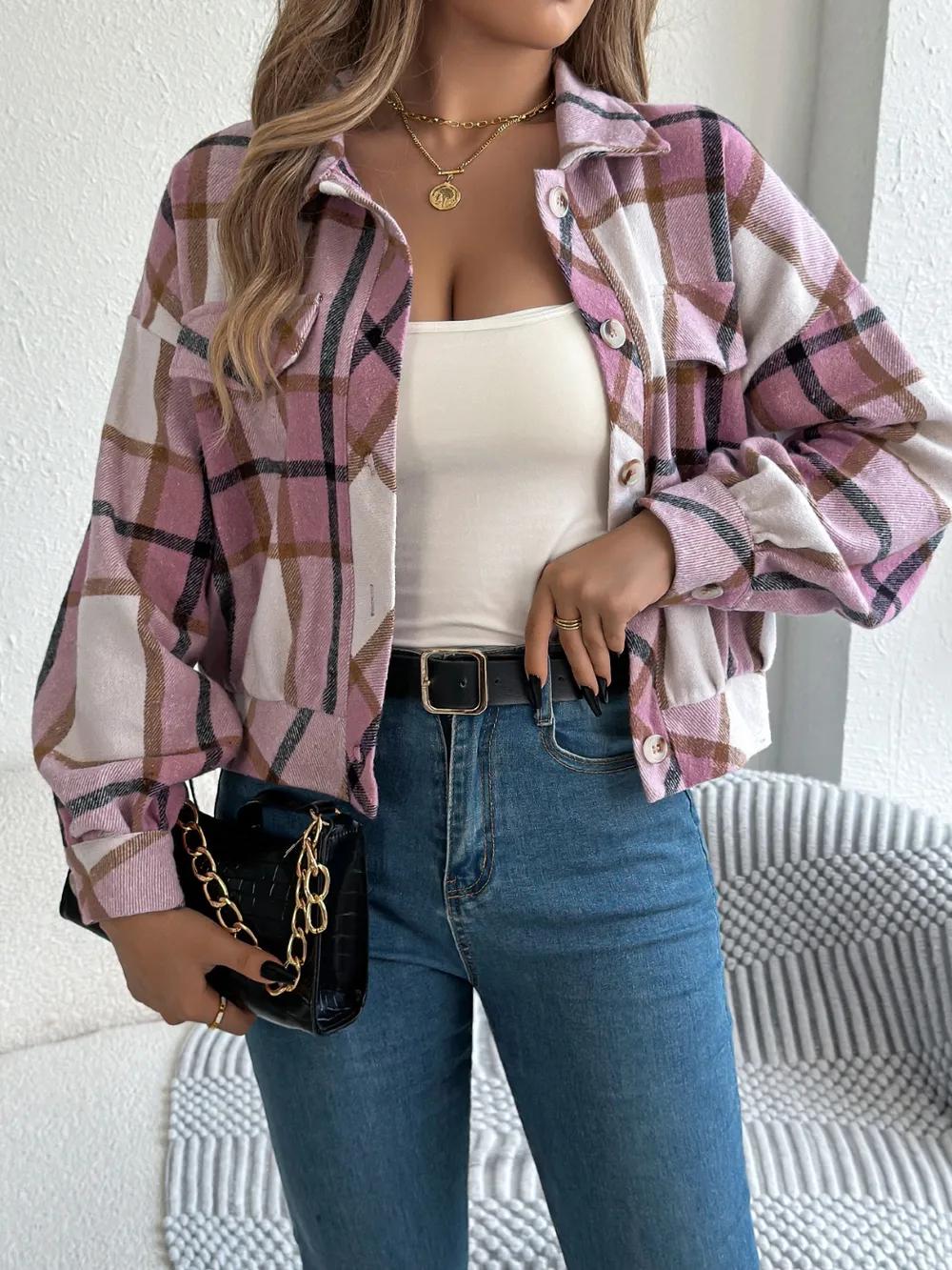 Plaid Button Up Long Sleeve Jacket, image 16