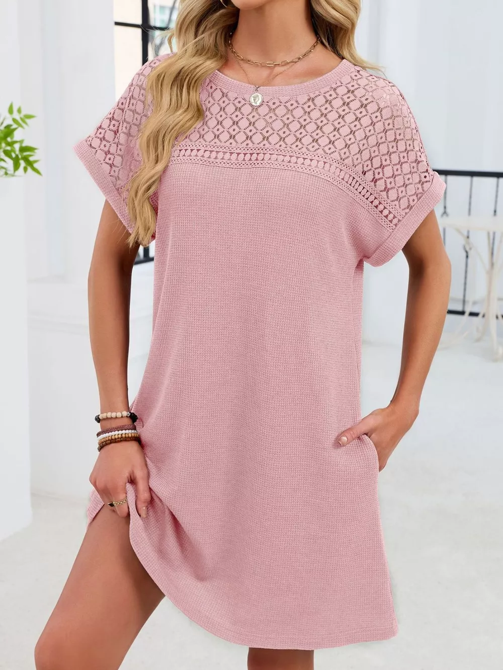 Lace Round Neck Short Sleeve T-Shirt Dress, image 16