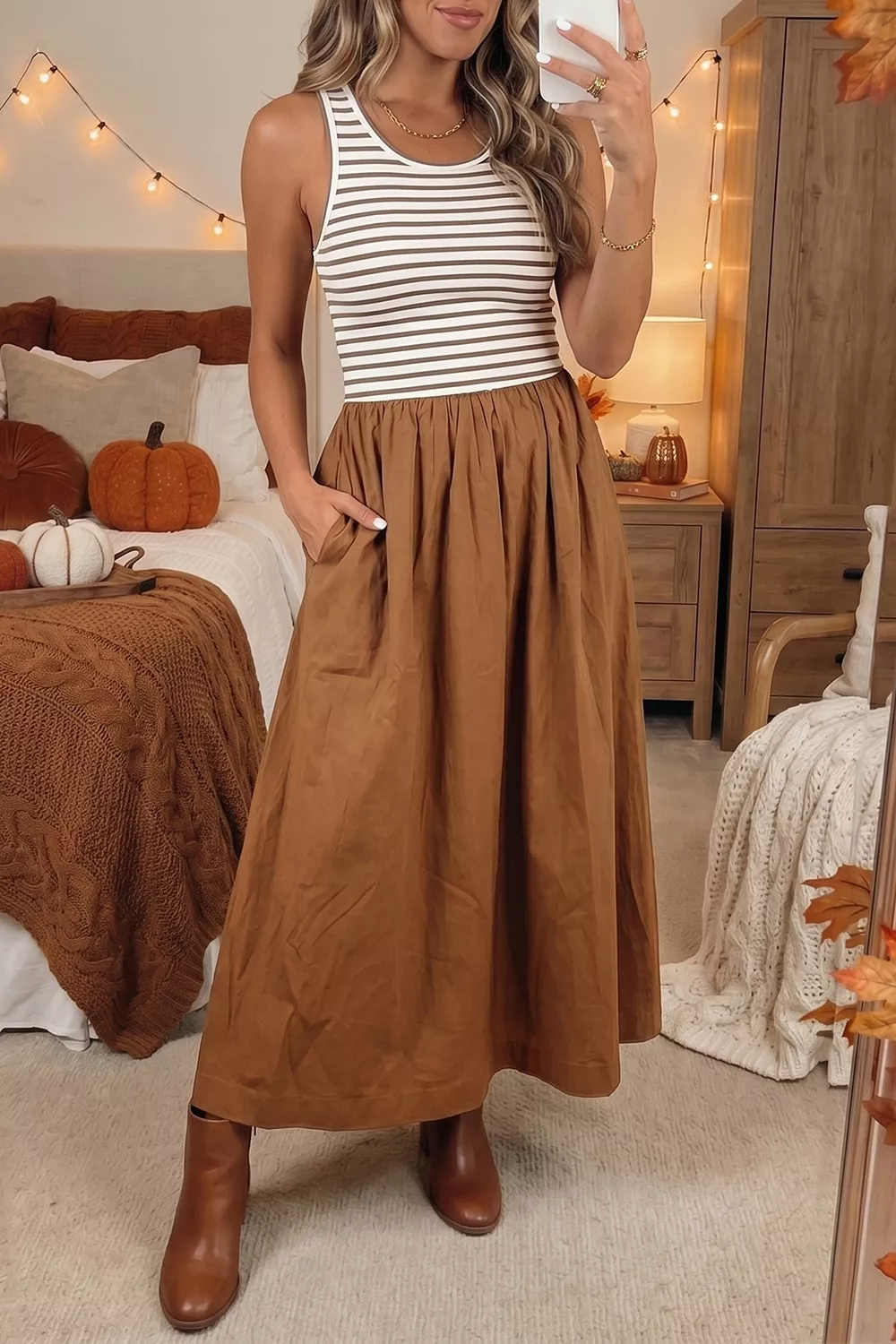 Striped Colorblock Patchwork Sleeveless Casual Long Dress, image 2