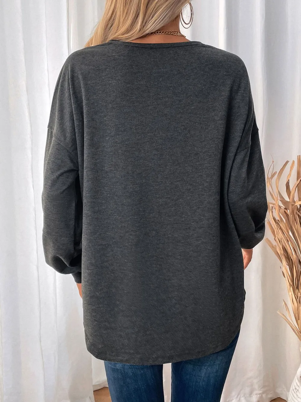 Pocketed Round Neck Long Sleeve Sweatshirt, image 2