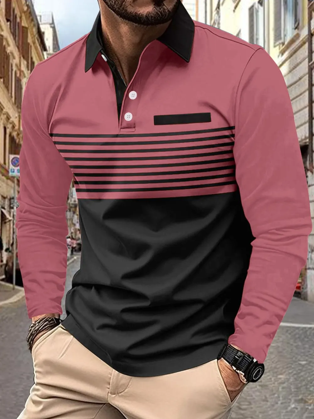 Men's Full Size Collared Neck Long Sleeve Striped Polo Plus Size, image 3
