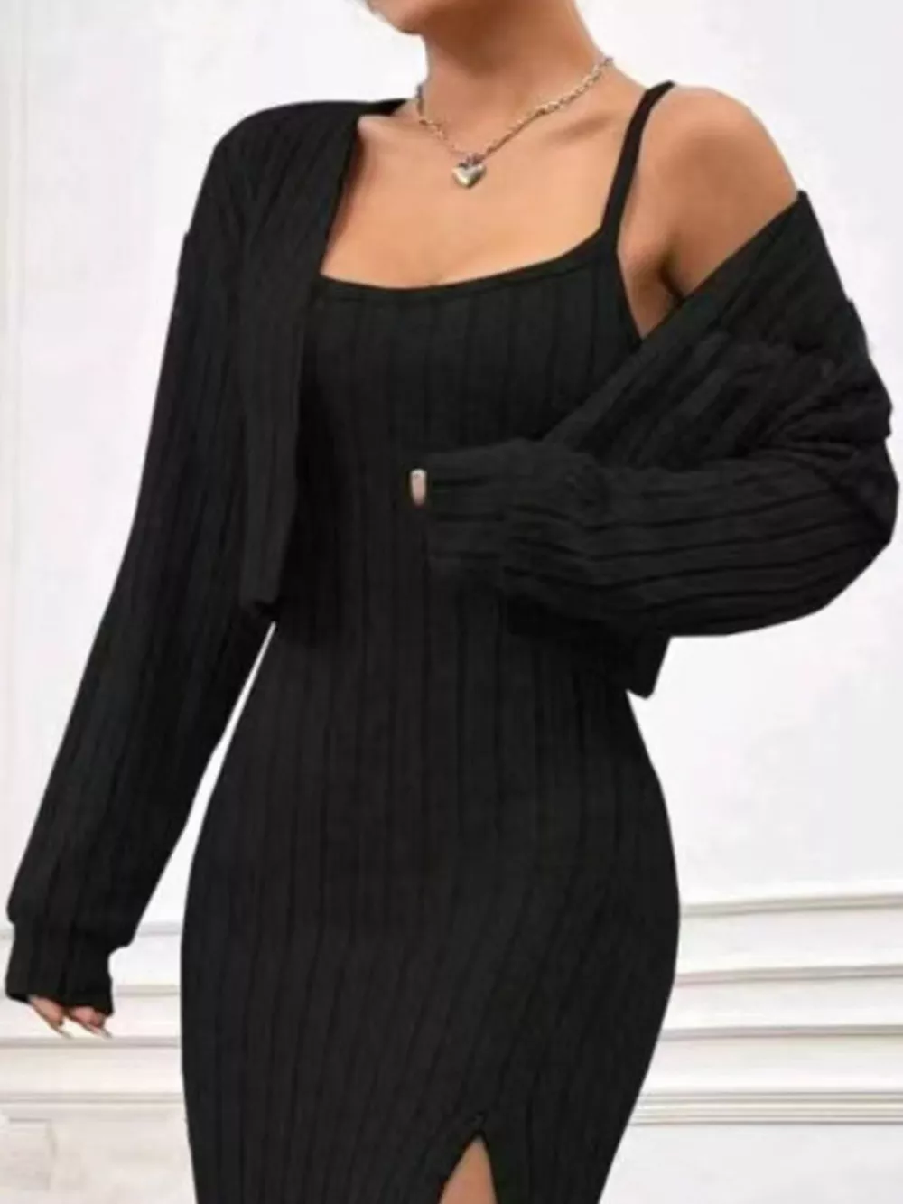 Ribbed Knit Cami Dress & Cardigan Set, image 3
