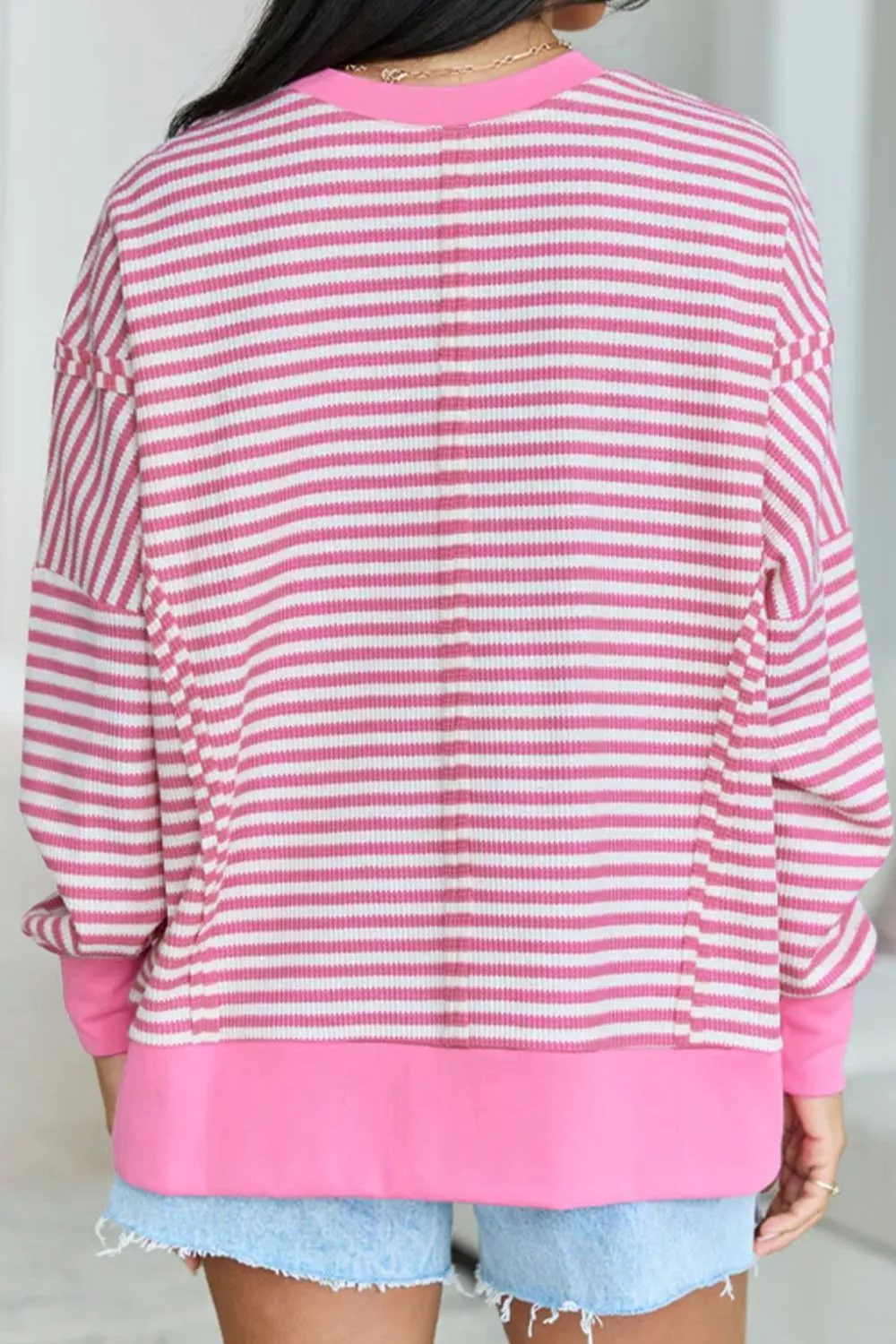 Stripe Textured Knit Color Block Trim Split Hem Long Sleeve Top, image 5