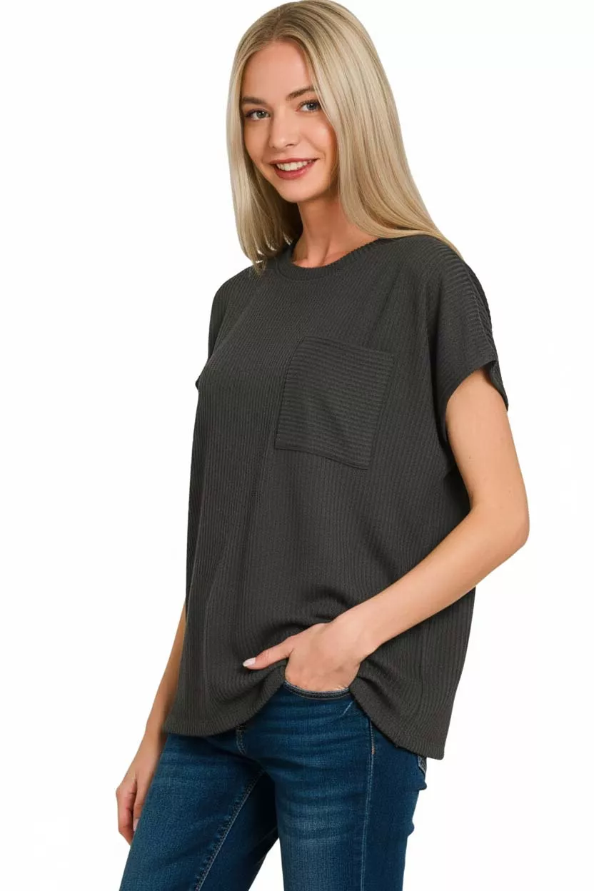 Raised Rib Front Pocket Boxy Top, image 3