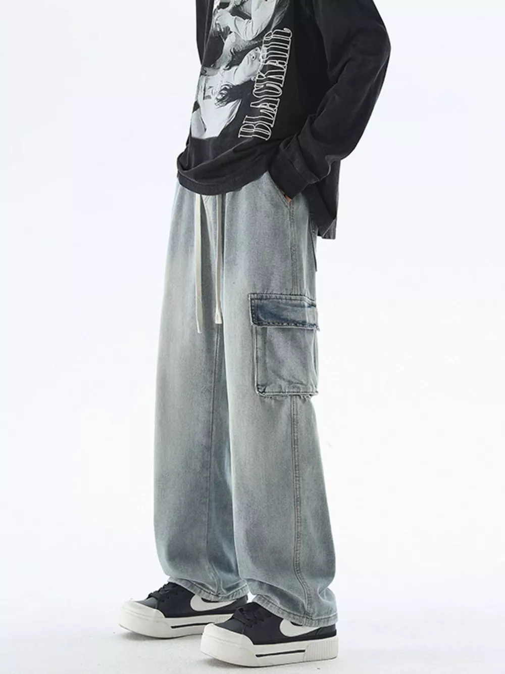 Men's Drawstring Wash Wide Leg Jeans, image 2