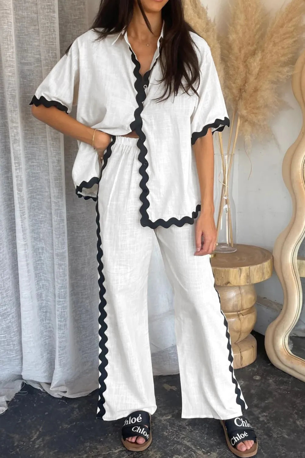 Contrast Trim Half Sleeve Top and Pants Set