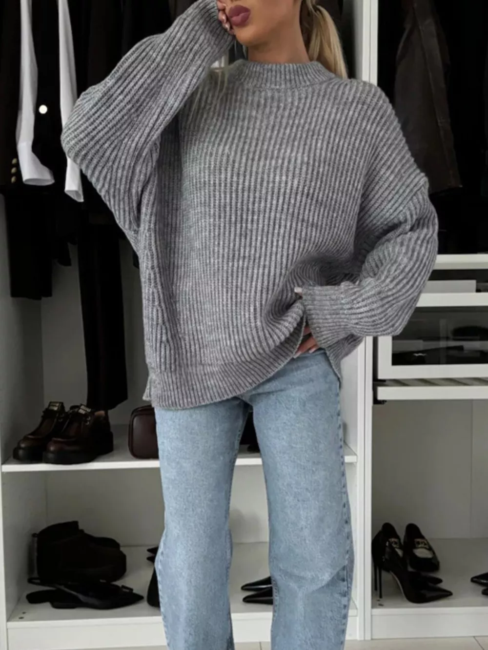 Ribbed Knit Crew Neck Sweater, image 3