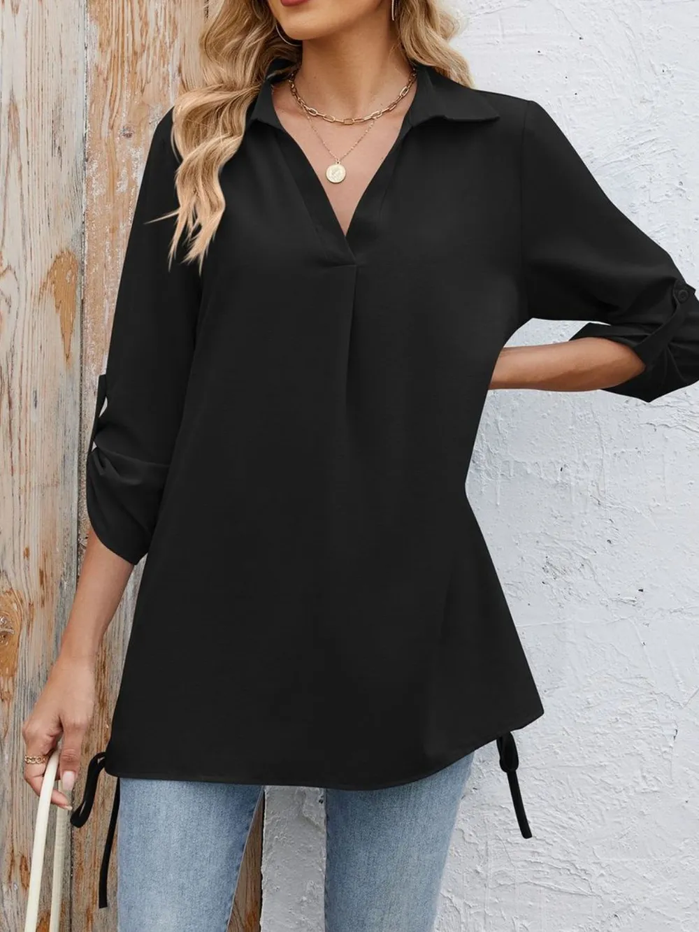 Drawstring Johnny Collared Three-Quarter Sleeve Top, image 14