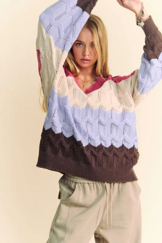 Wavy Texture Color Block V-Neck Sweater, image 4