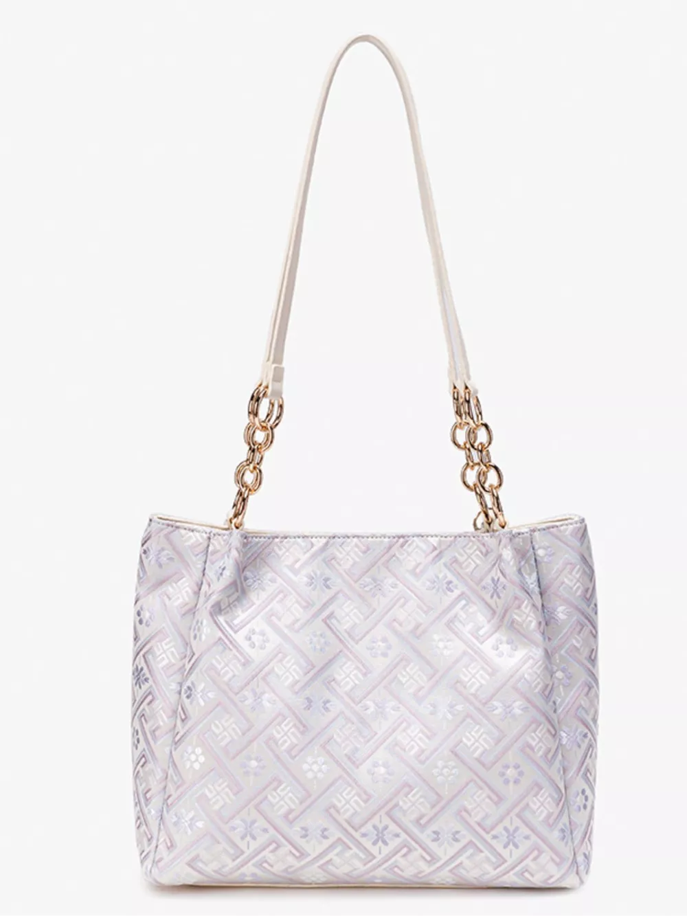 Geometric Pattern Jacquard Shoulder Bag with Detachable Teddy Bear Charm, image 4