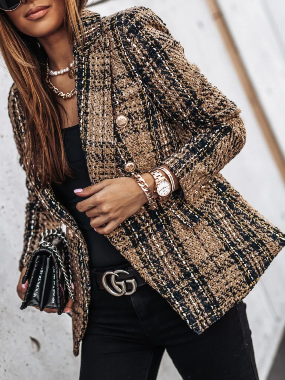 Full Size Plaid Tweed Double-Breasted Blazer Plus Size