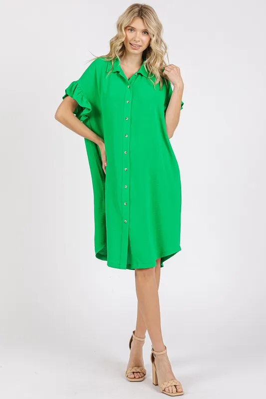 Button Down Flounce Sleeve Dress with Pockets