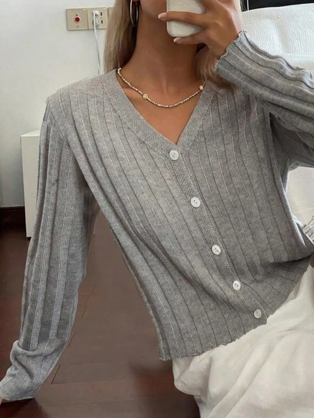 Ribbed Button-Up V-Neck Cardigan, image 2