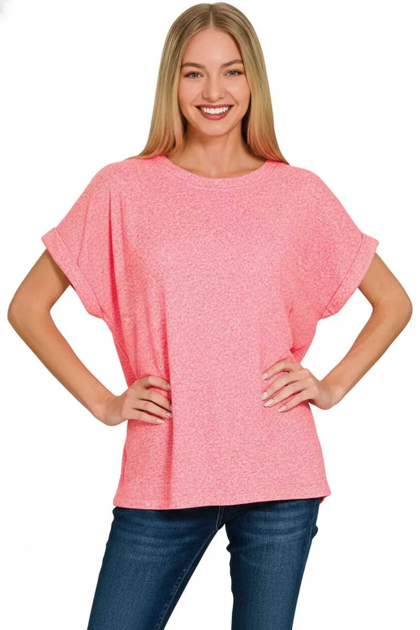 Soft Melange Hacci Short Sleeve Round Neck Top, image 2