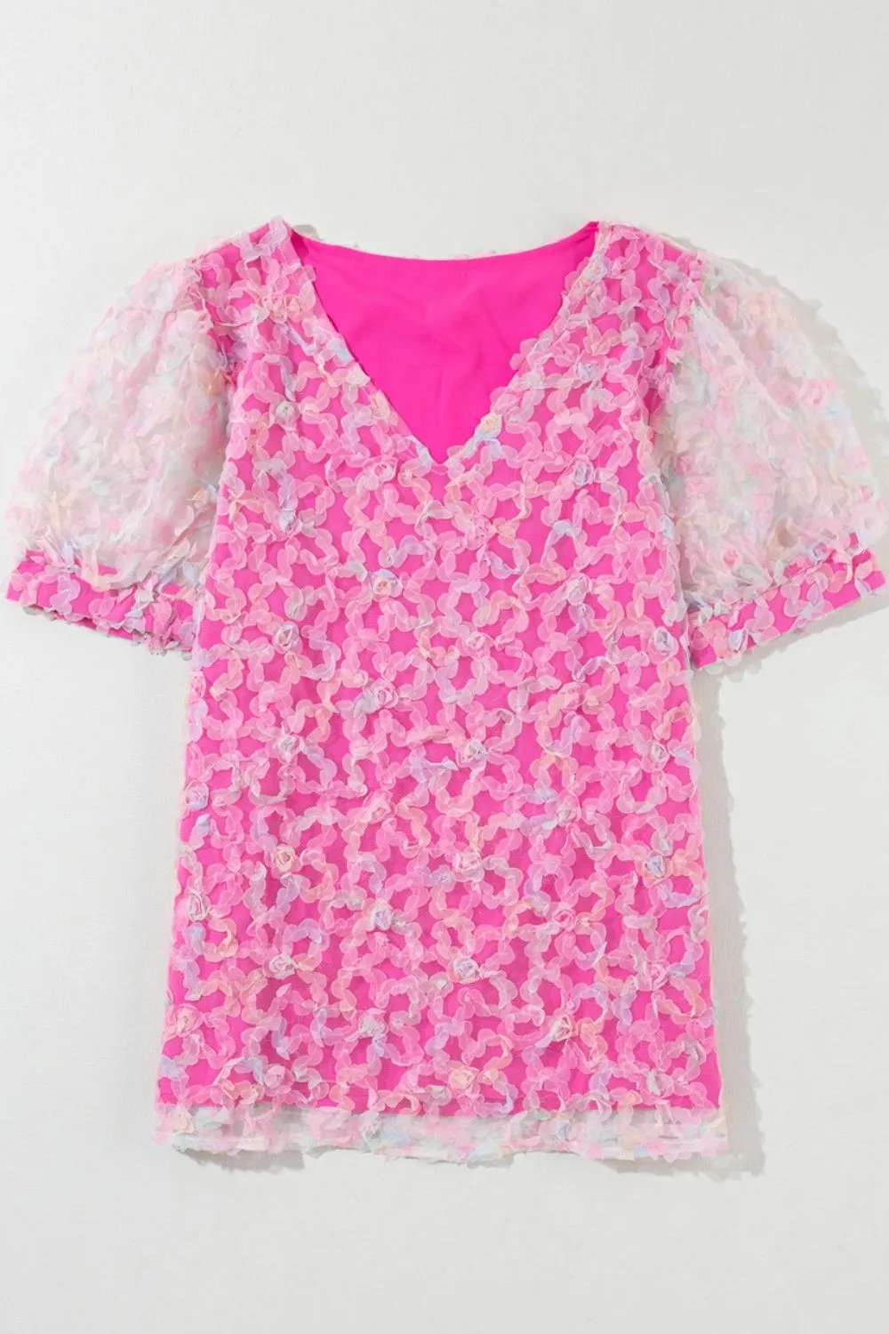 Bonbon Flowery Mesh Short Puff Sleeve Blouse, image 7
