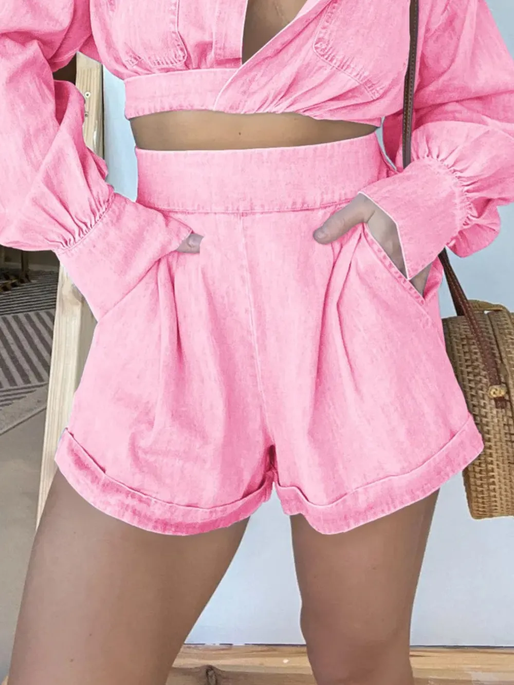 Full Size Long Sleeve Top and Shorts Denim Set Plus Size, image 12